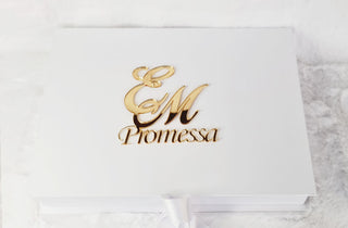 White box with Promise written and engraved wedding tag