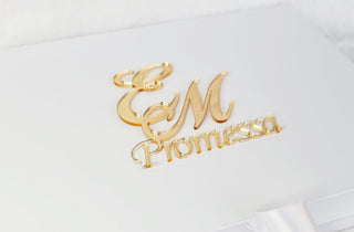 White box with Promise written and engraved wedding tag