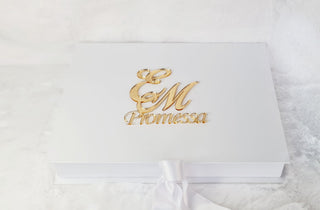 White box with Promise written and engraved wedding tag