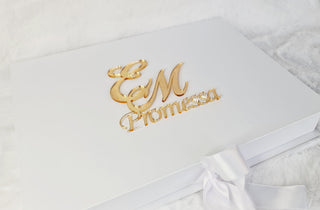 White box with Promise written and engraved wedding tag