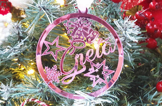 pallina in plexiglass oro specchio personalizzata, pallina natale 2021, pallina natale plexiglass specchio rosa